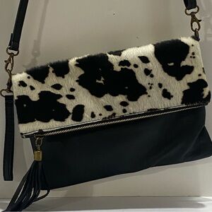 Genuine Leather Cowhide Black White Haircalf Foldover Crossbody Italy Tassel Bag